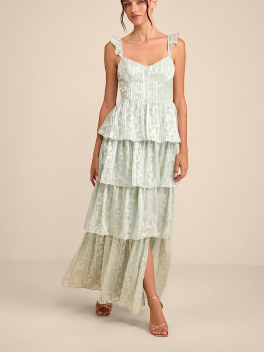 Lulus Stunning Glory Sage Green Floral Jacquard Tiered Maxi Dress XL NWT